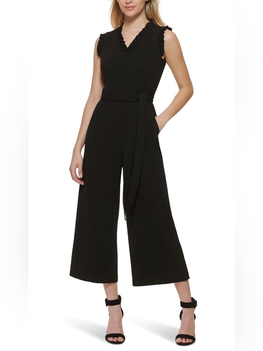 Calvin Klein Black Ruffle V Neck Sleeveless Wide Leg Romper Size 4